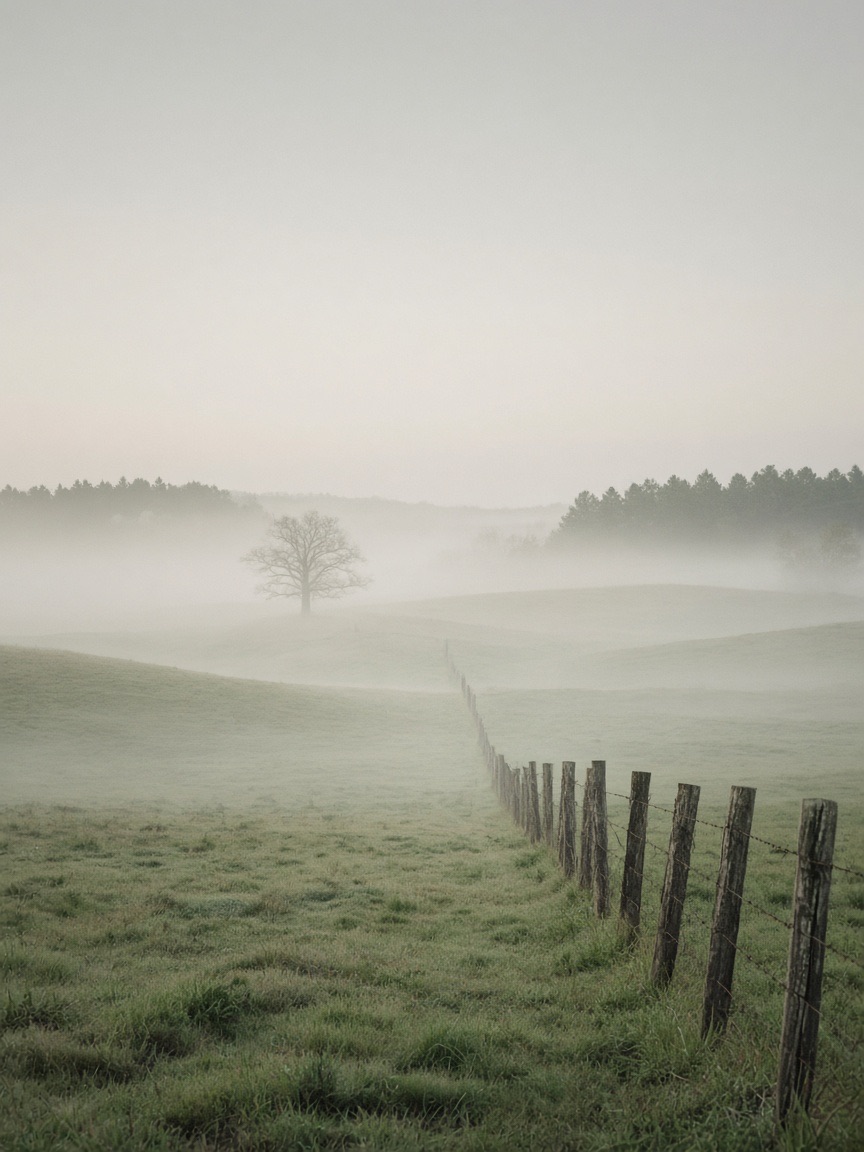 A fence line running across a misted Tennessee pasture at first light