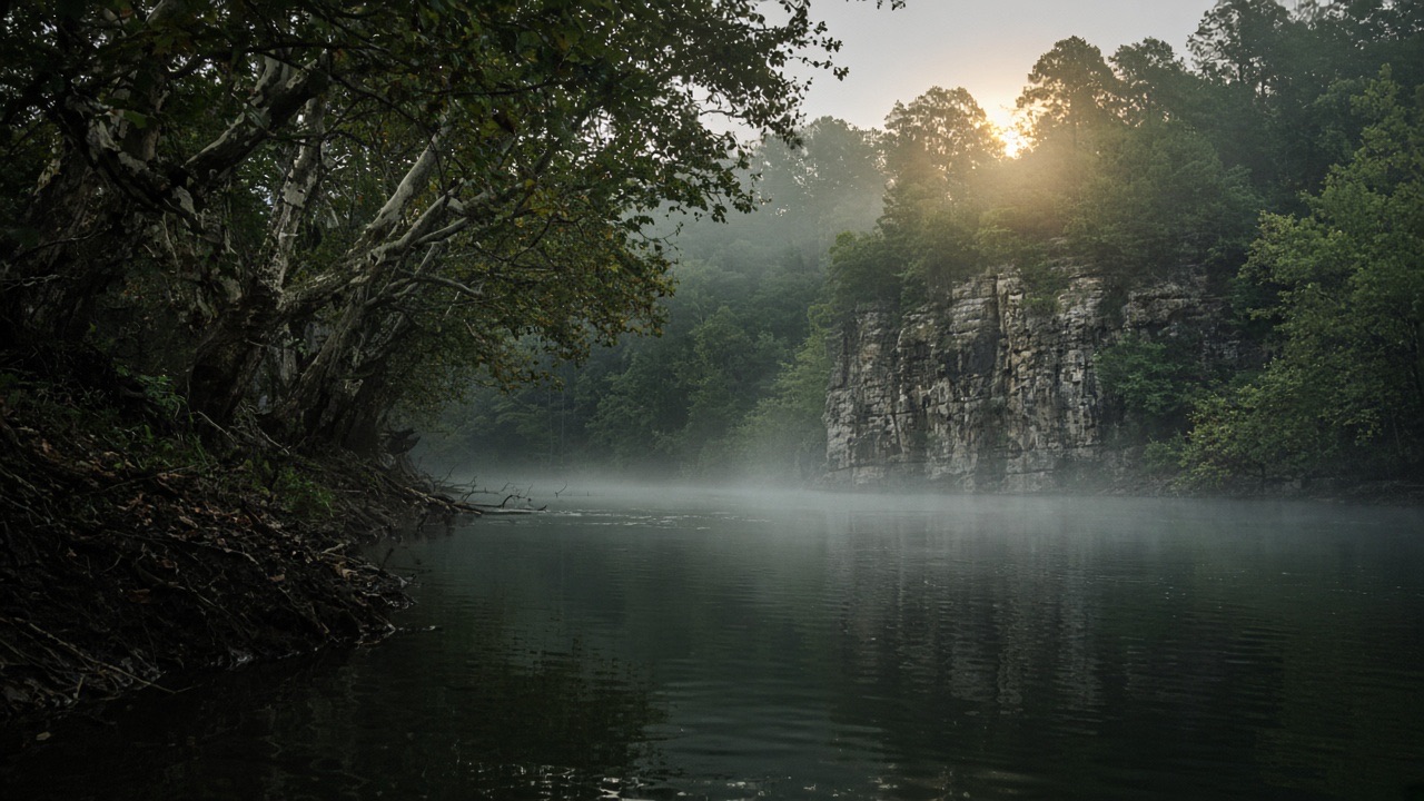 A calm river bending beneath a limestone bluff in early morning mist