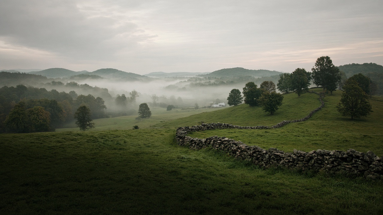 An old dry-stone wall crossing rolling Tennessee pasture in morning mist