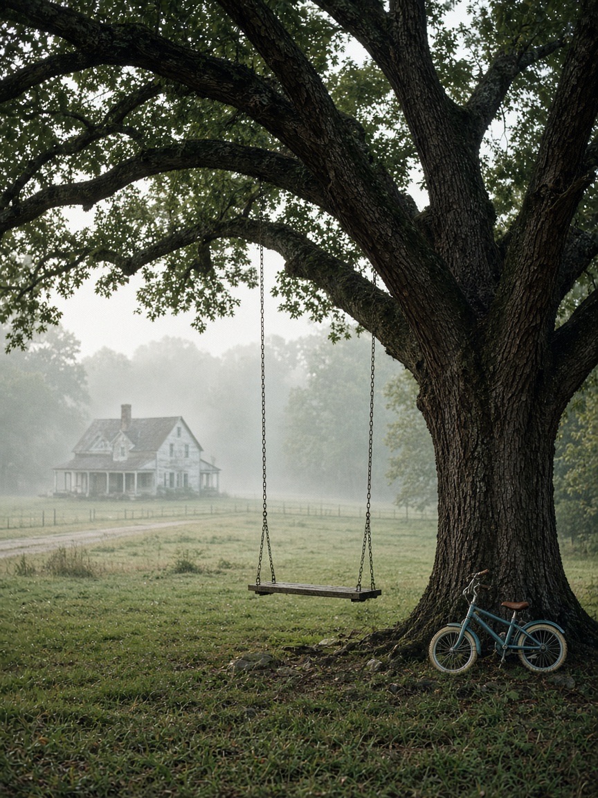 An empty swing and a child’s bicycle beneath an old oak near a farmhouse