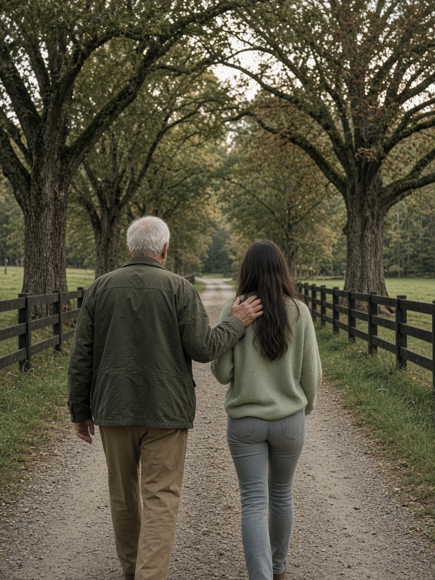 A father and his adult daughter walking down a fenced farm lane