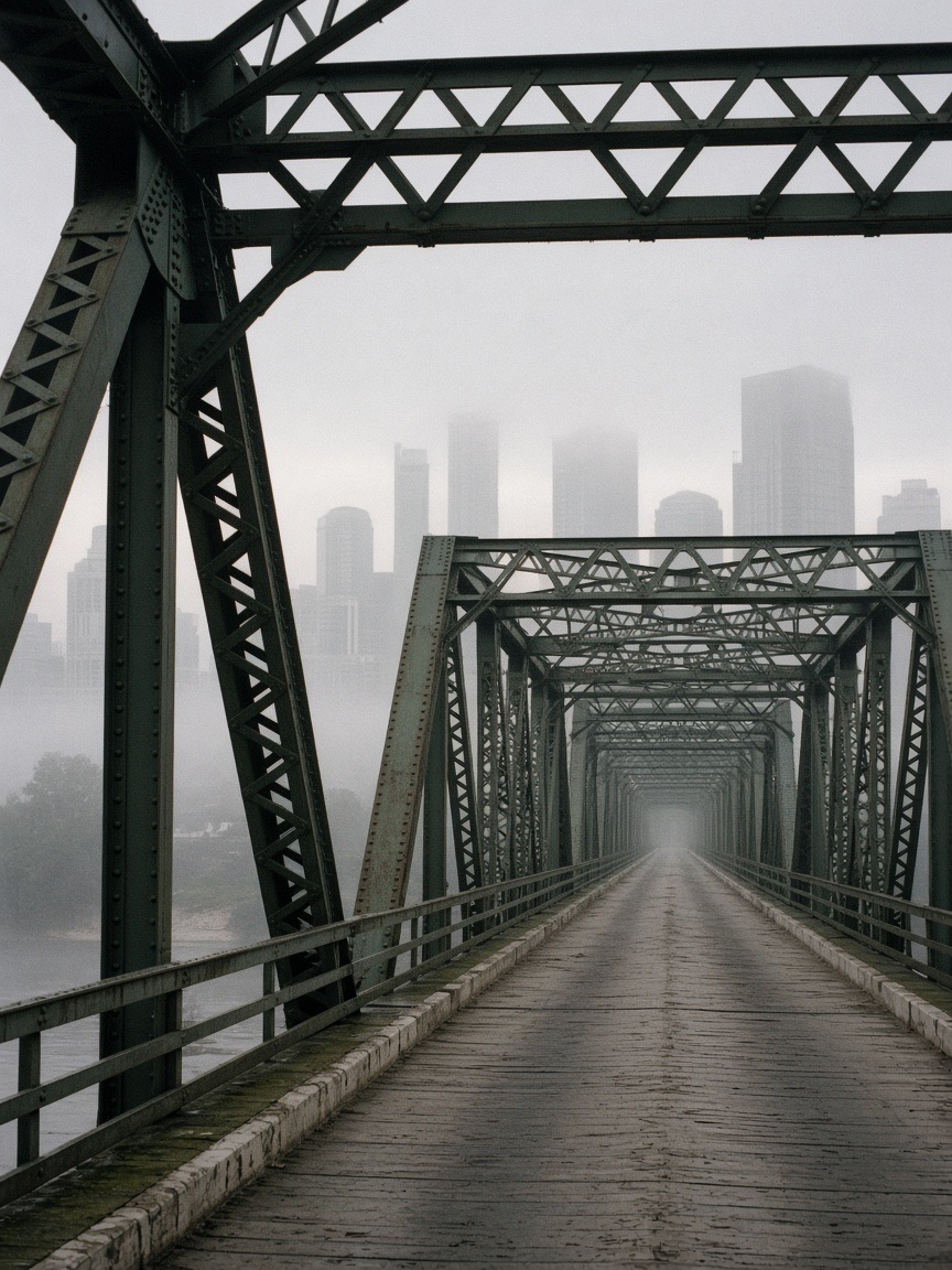 A steel truss footbridge in morning fog, with the Nashville skyline faint beyond