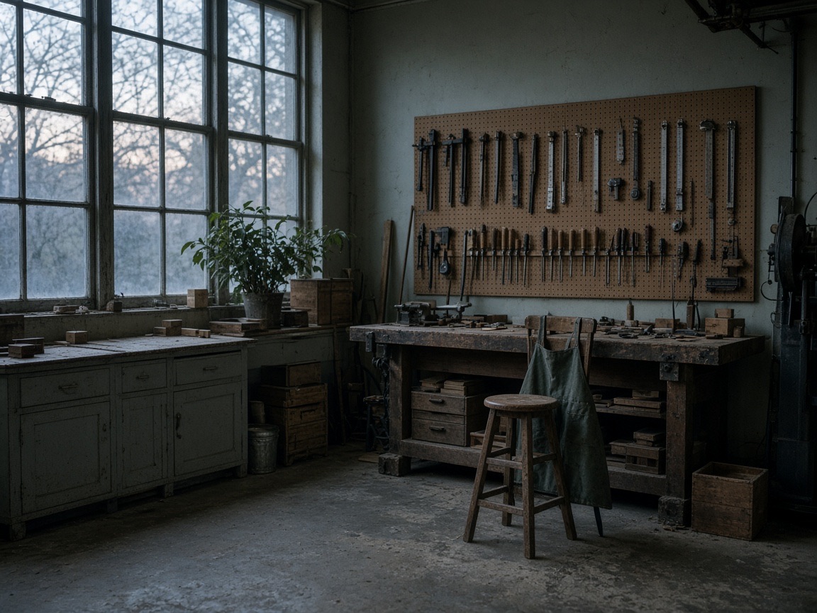An empty family workshop at dusk, tools hung neatly on the wall