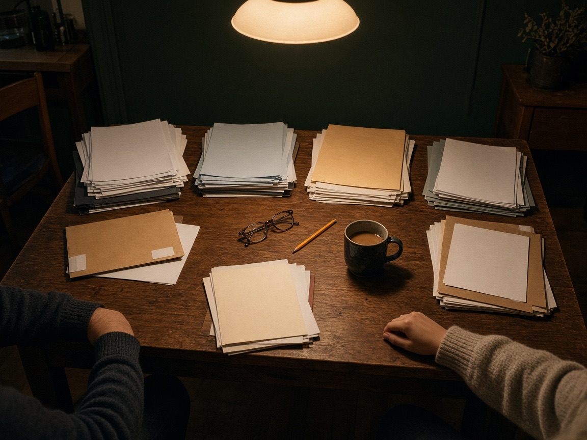 Separate stacks of paperwork from different advisors spread across a kitchen table in the evening